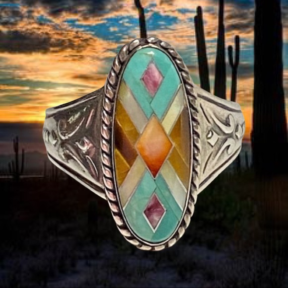 Silver Multicolor Geometric Ring - Picture 5 of 6